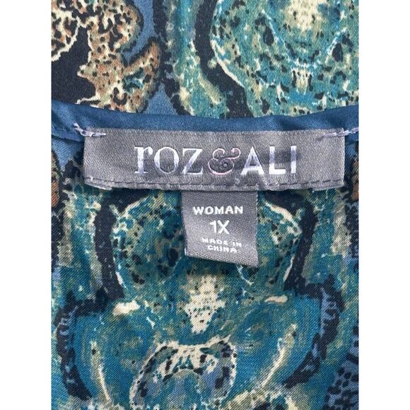 Roz & Ali Womens Boho 1X Teal Baroque Print Blouse 3/4 Sleeve Bubble Hem Top - Picture 14 of 16